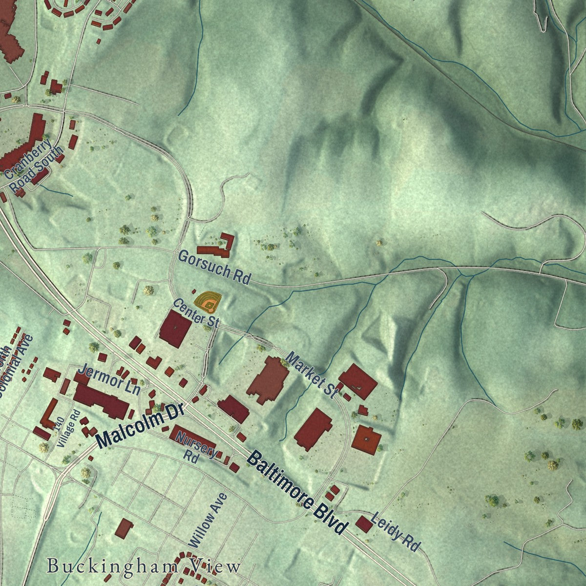 Second close-up of the map of Westminster, Maryland print showing more streets and buildings