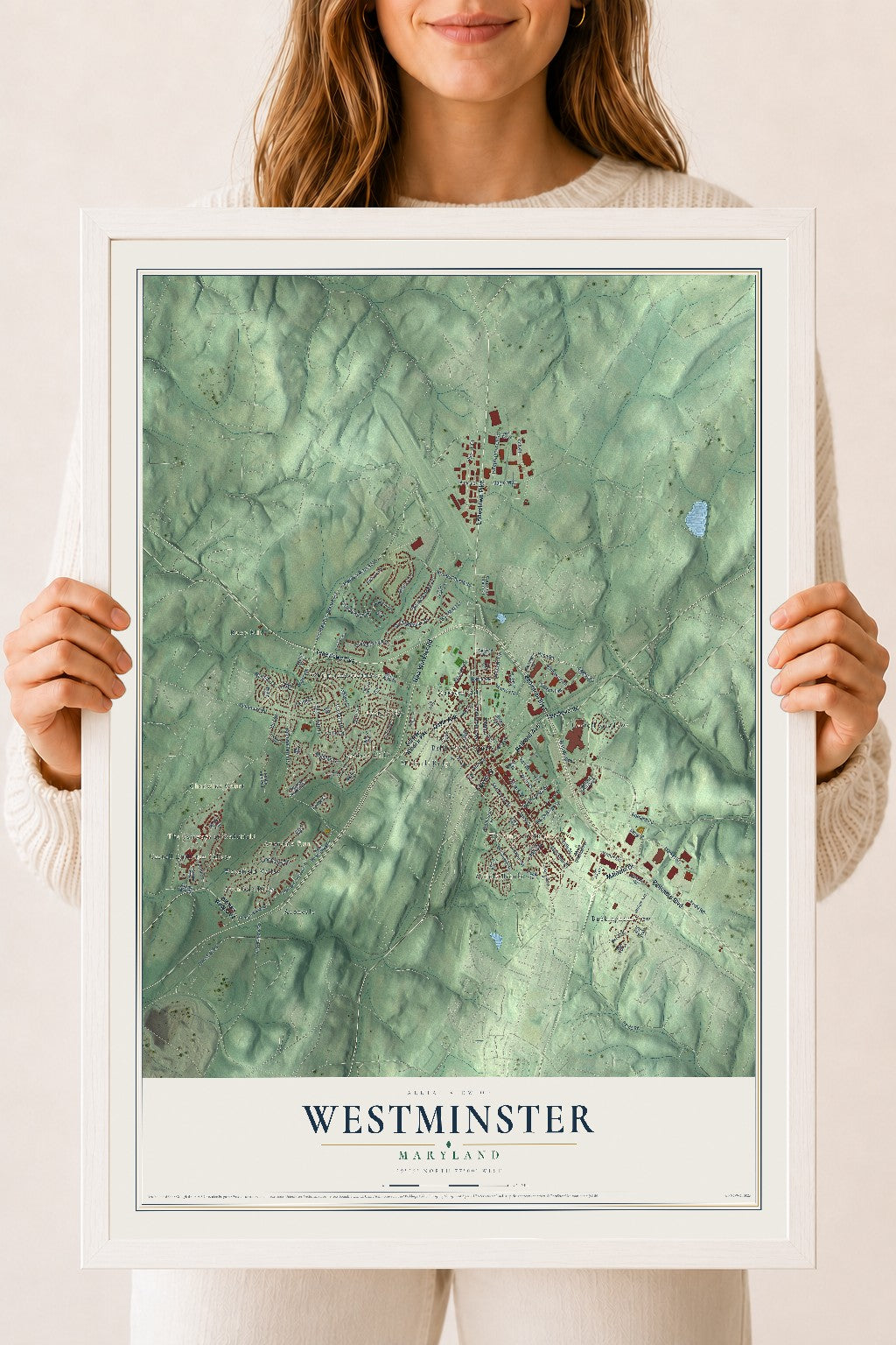 Map of Westminster, Maryland, 18 x 24 inch print in a white wood frame
