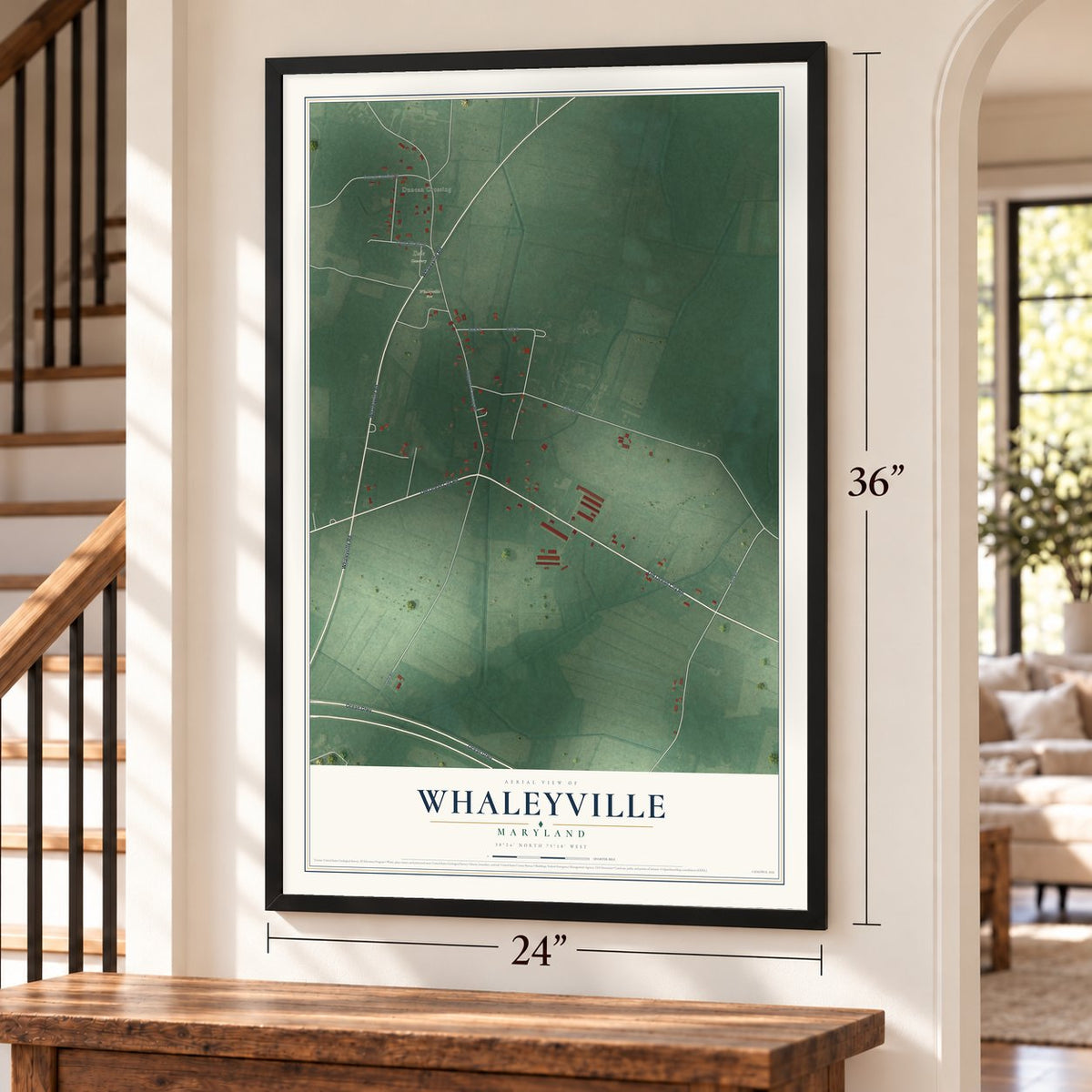 Whaleyville, Maryland map, 24 x 36 inch print in a black frame by a staircase