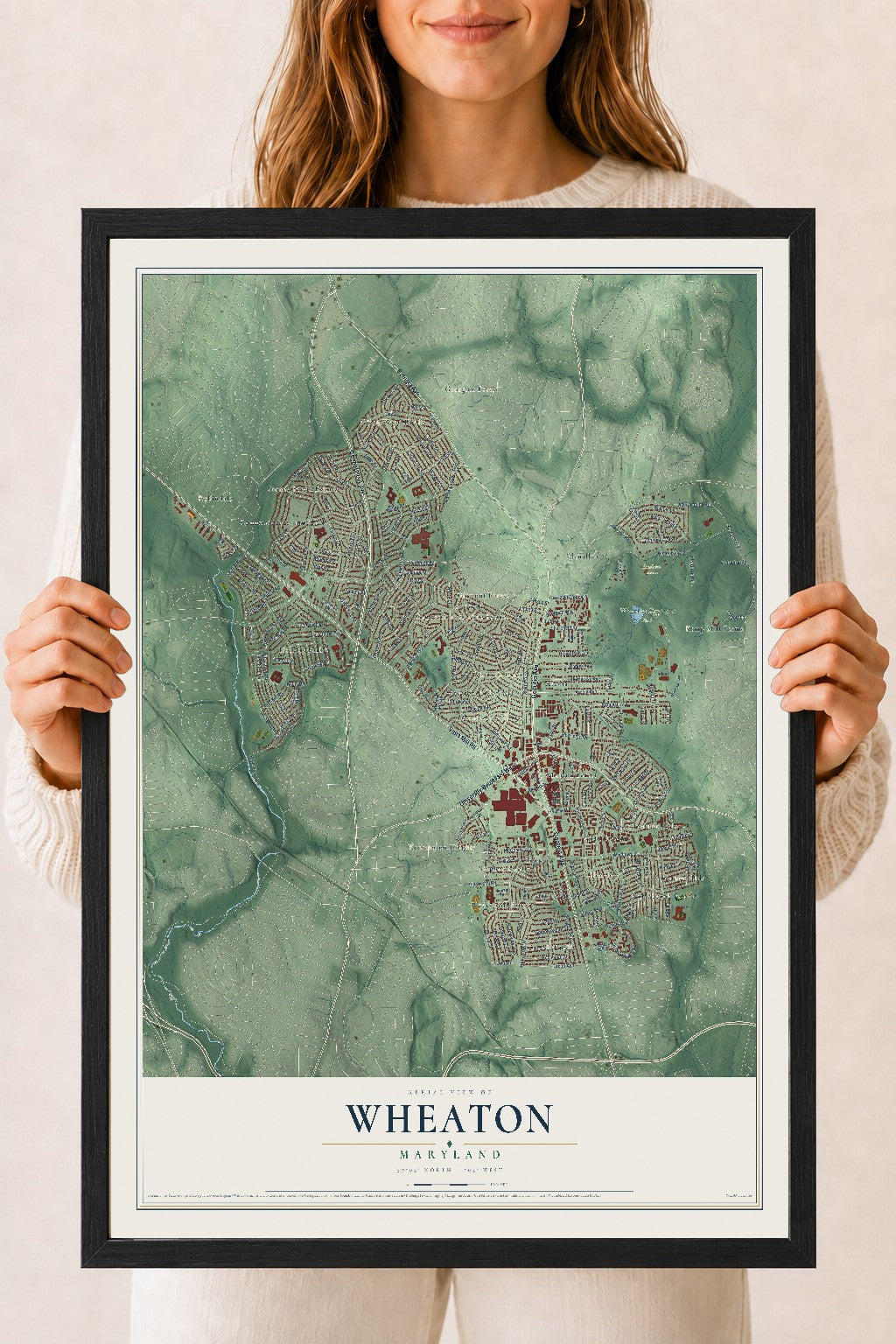 Map of Wheaton, Maryland, 18 x 24 inch print in a black wood frame