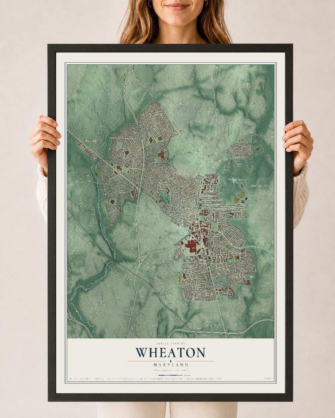 Map of Wheaton, Maryland, 24 x 36 inch print in a black wood frame