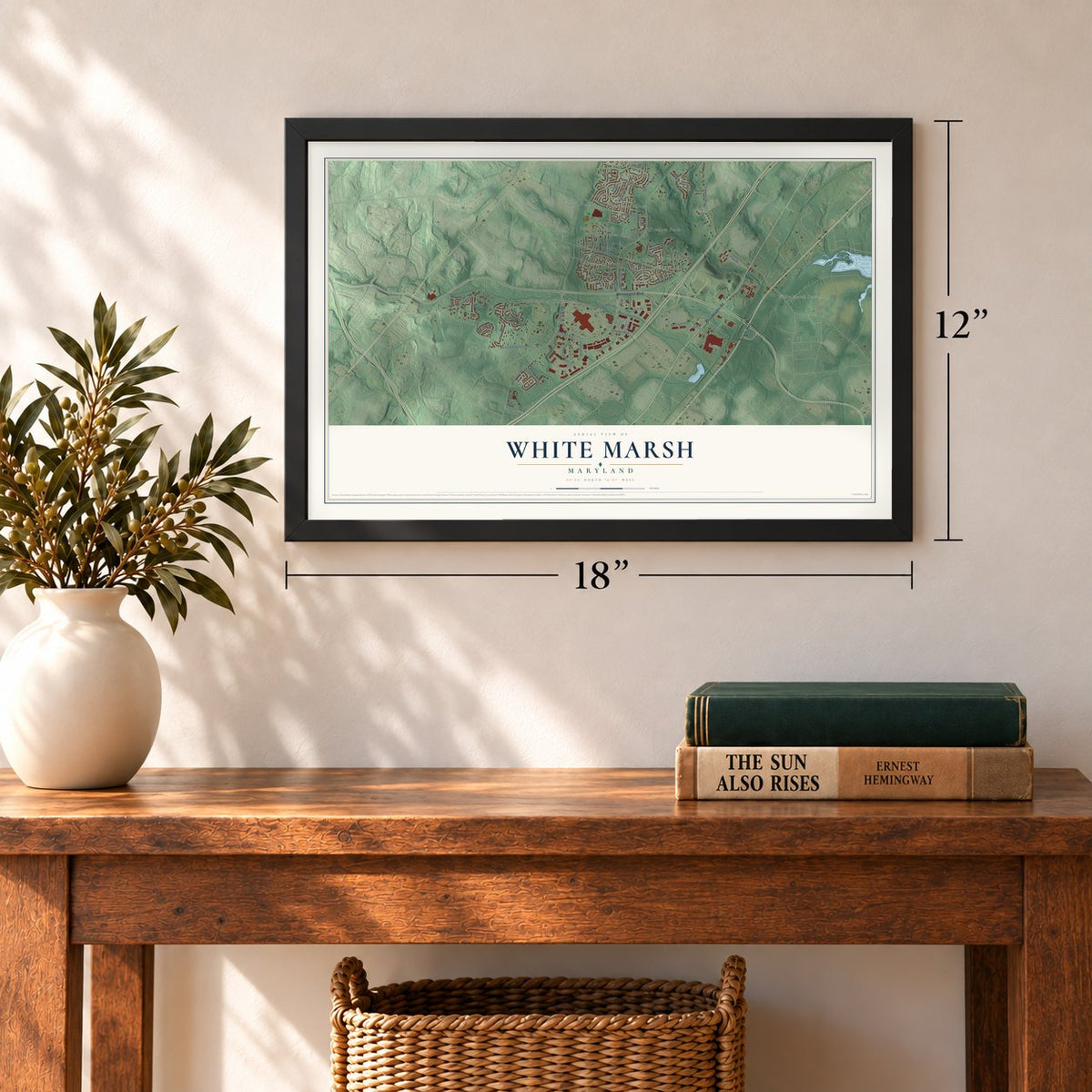 White Marsh, Maryland map, 12 x 18 inch print in a black frame in an entryway