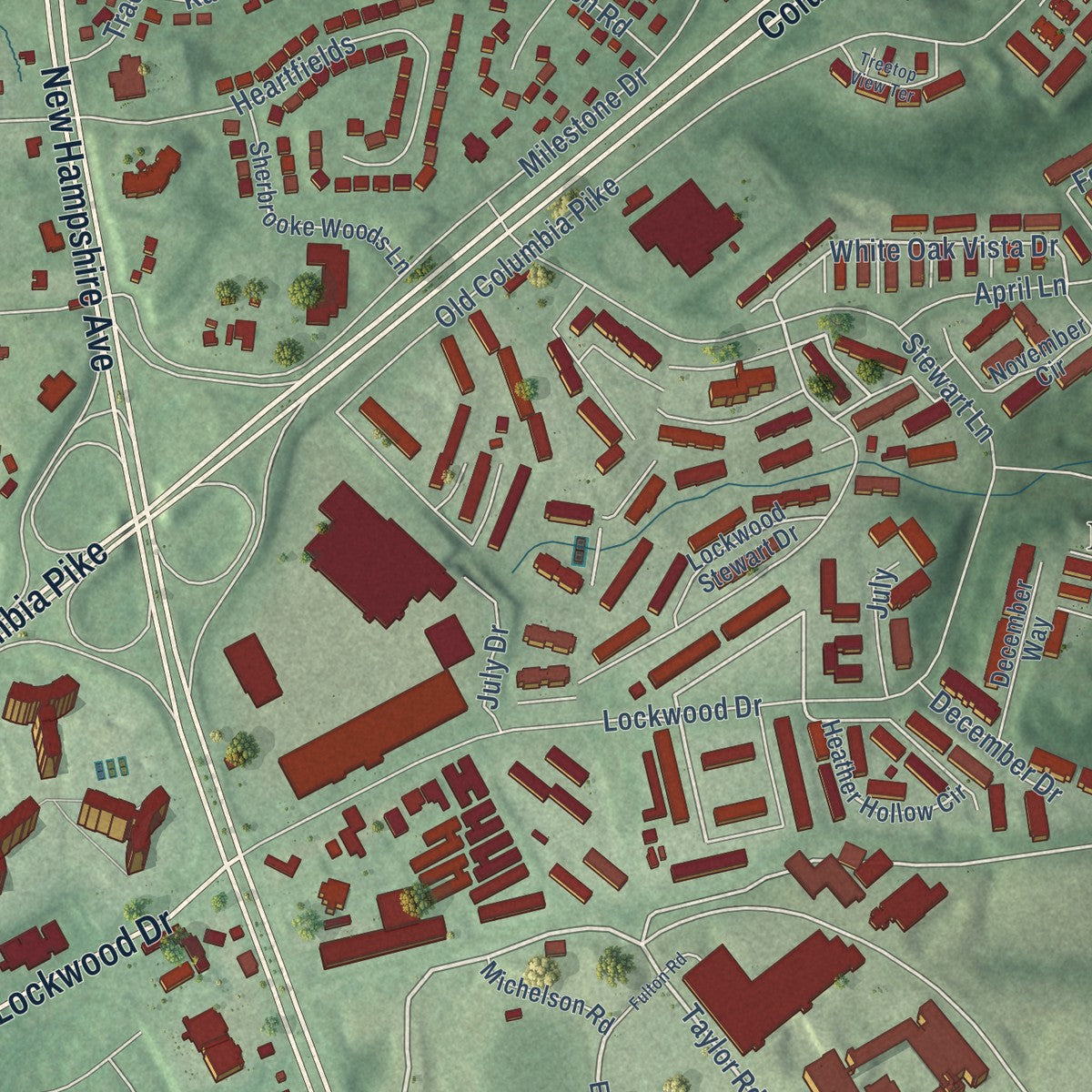 Close-up of the map of White Oak, Maryland print showing street and building detail
