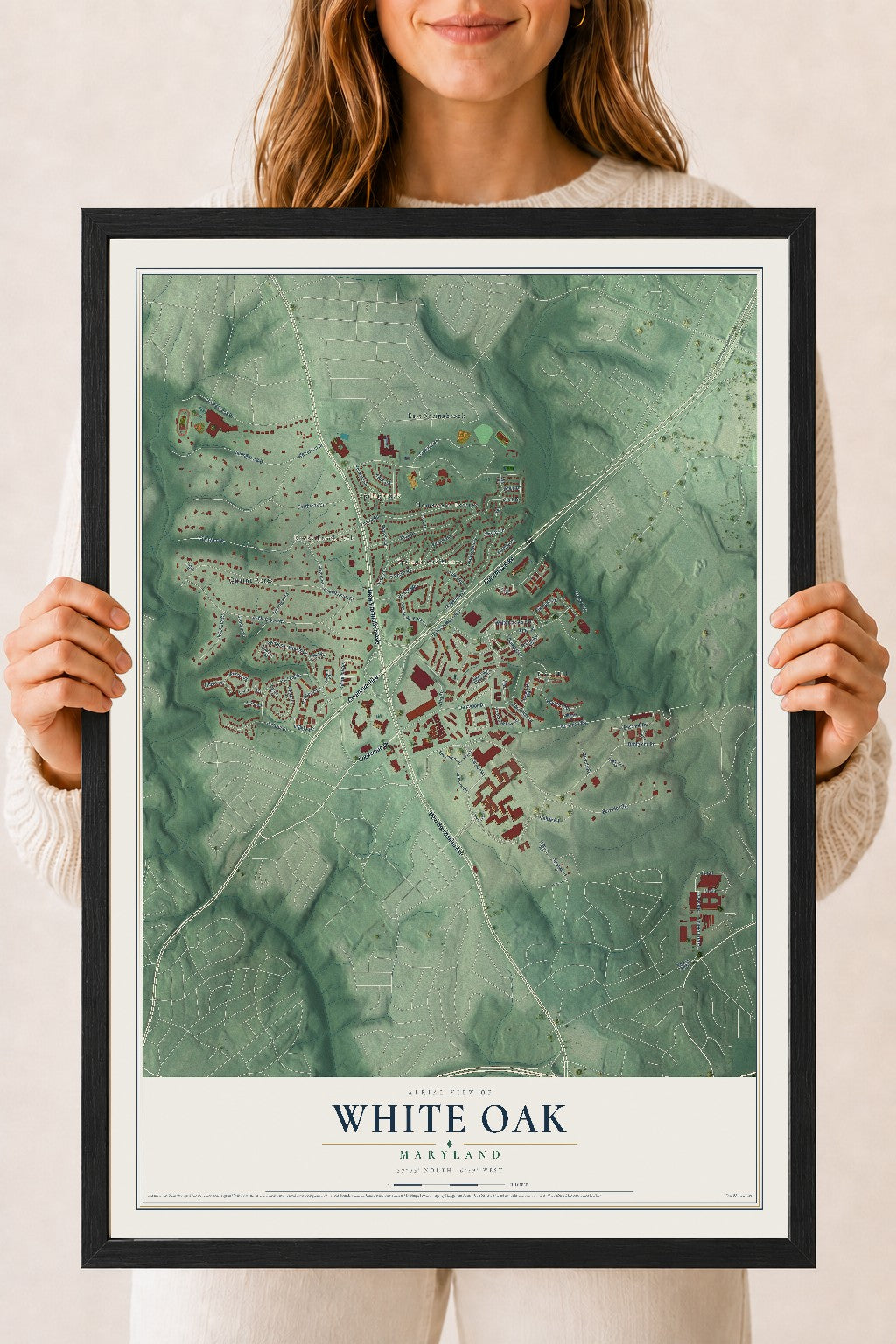 Map of White Oak, Maryland, 18 x 24 inch print in a black wood frame