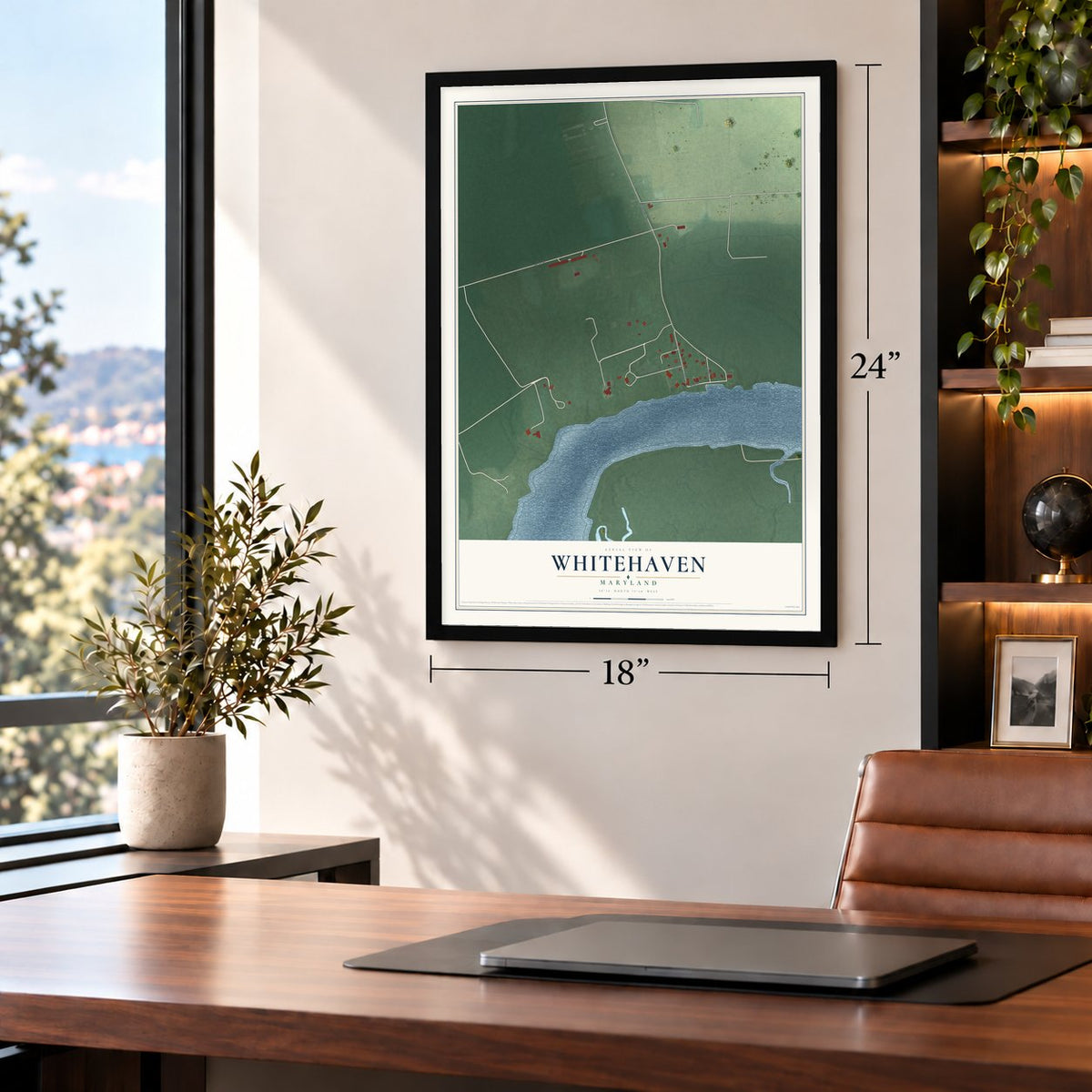 Whitehaven, Maryland map, 18 x 24 inch print in a black frame in a home office