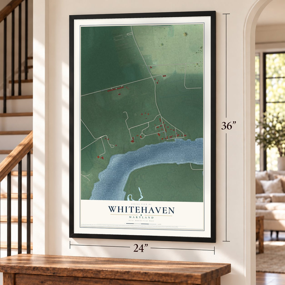 Whitehaven, Maryland map, 24 x 36 inch print in a black frame by a staircase