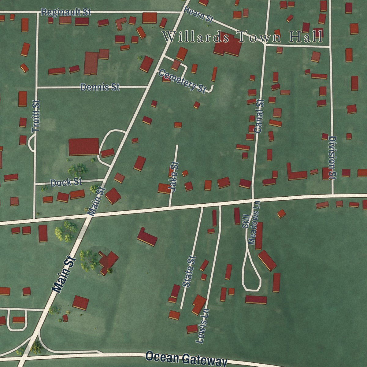 Close-up of the map of Willards, Maryland print showing street and building detail