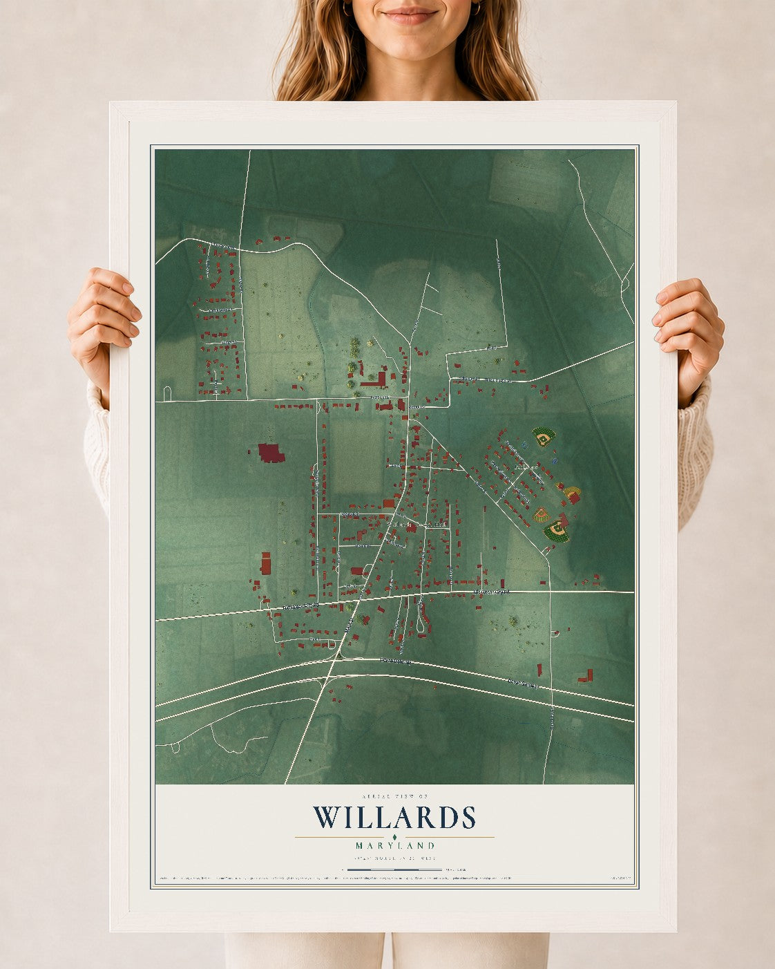 Map of Willards, Maryland, 24 x 36 inch print in a white wood frame