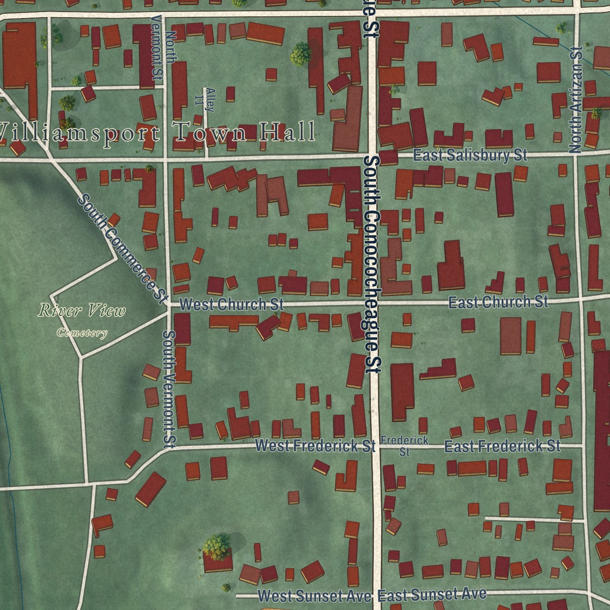 Close-up of the map of Williamsport, Maryland print showing street and building detail