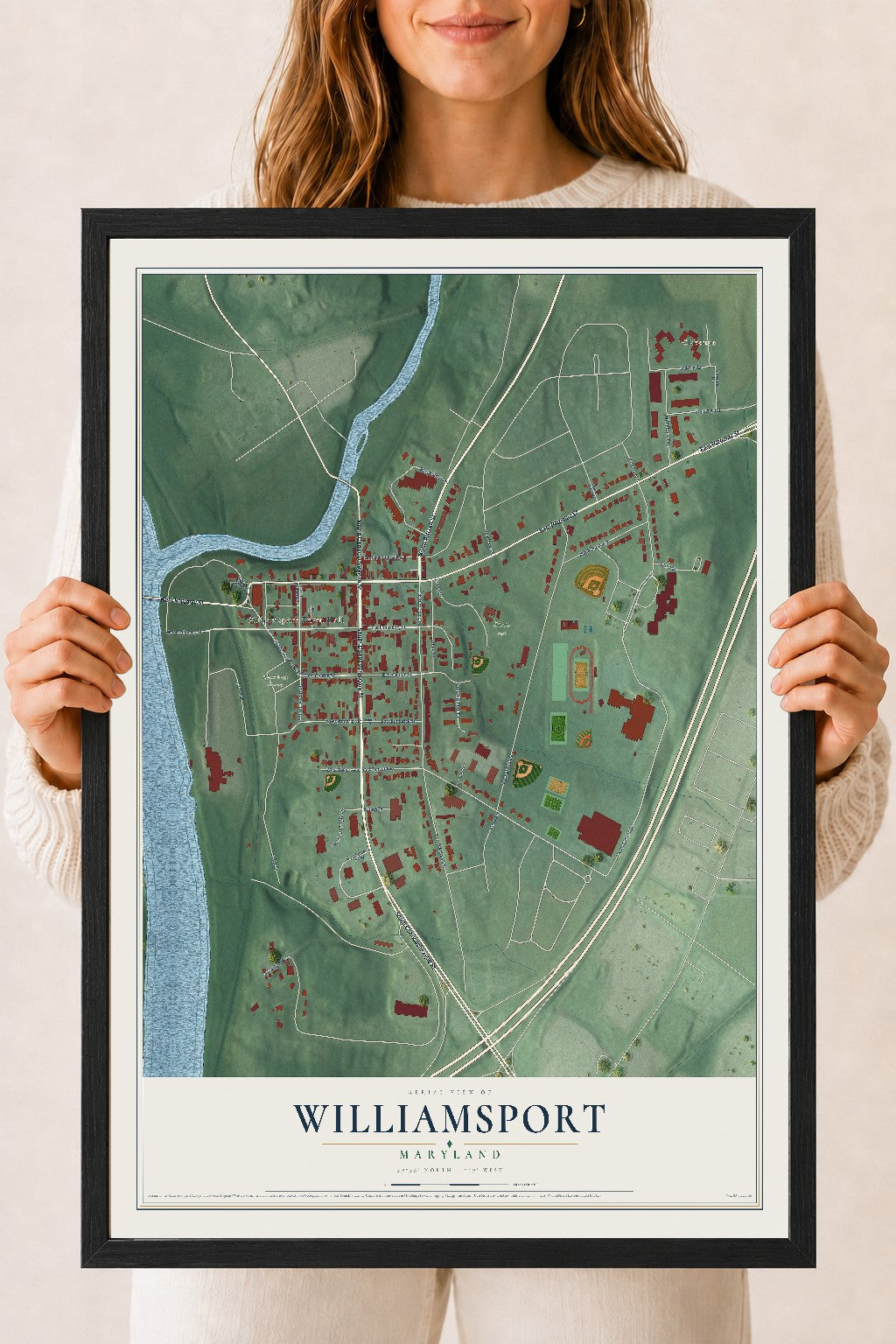 Map of Williamsport, Maryland, 18 x 24 inch print in a black wood frame