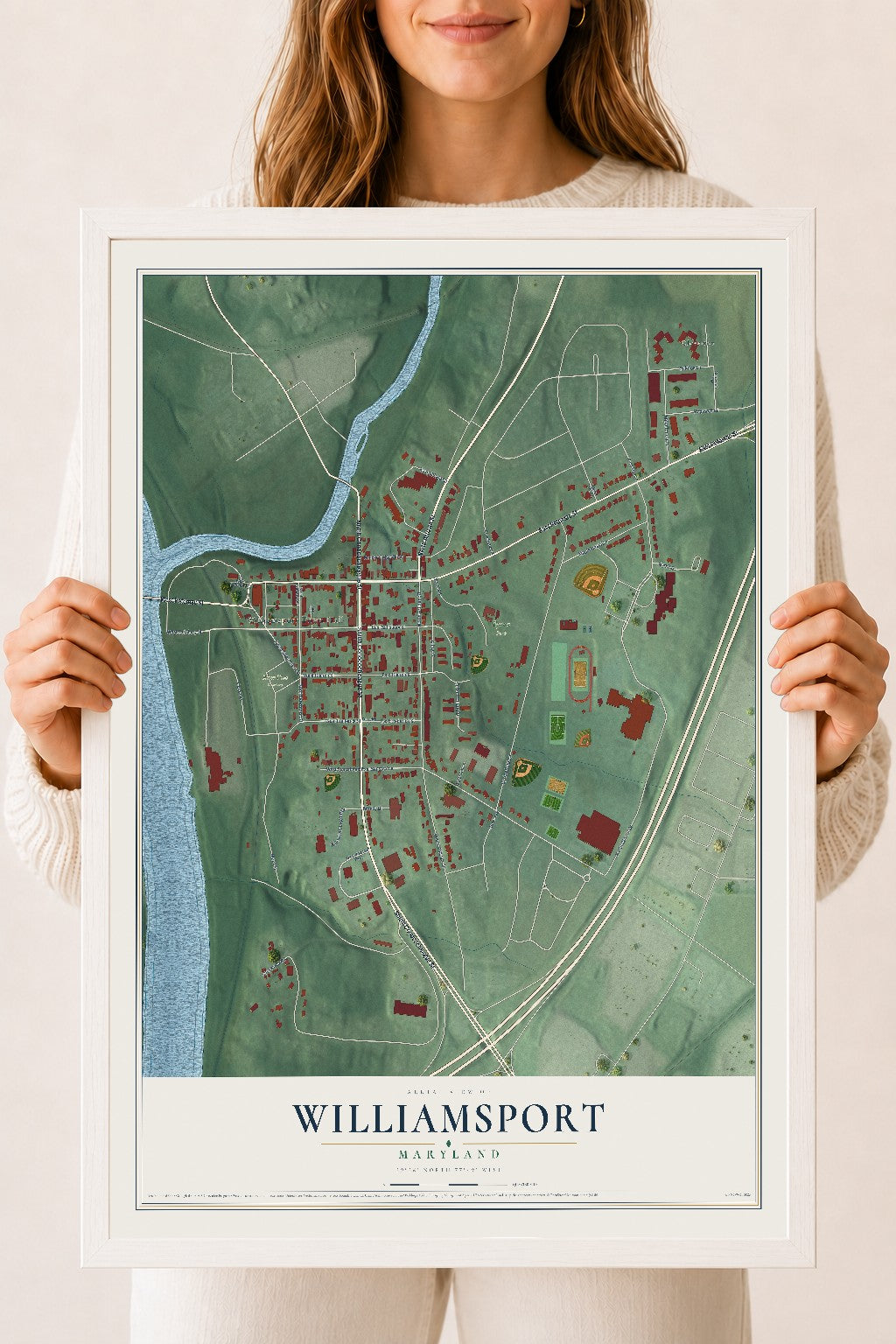 Map of Williamsport, Maryland, 18 x 24 inch print in a white wood frame