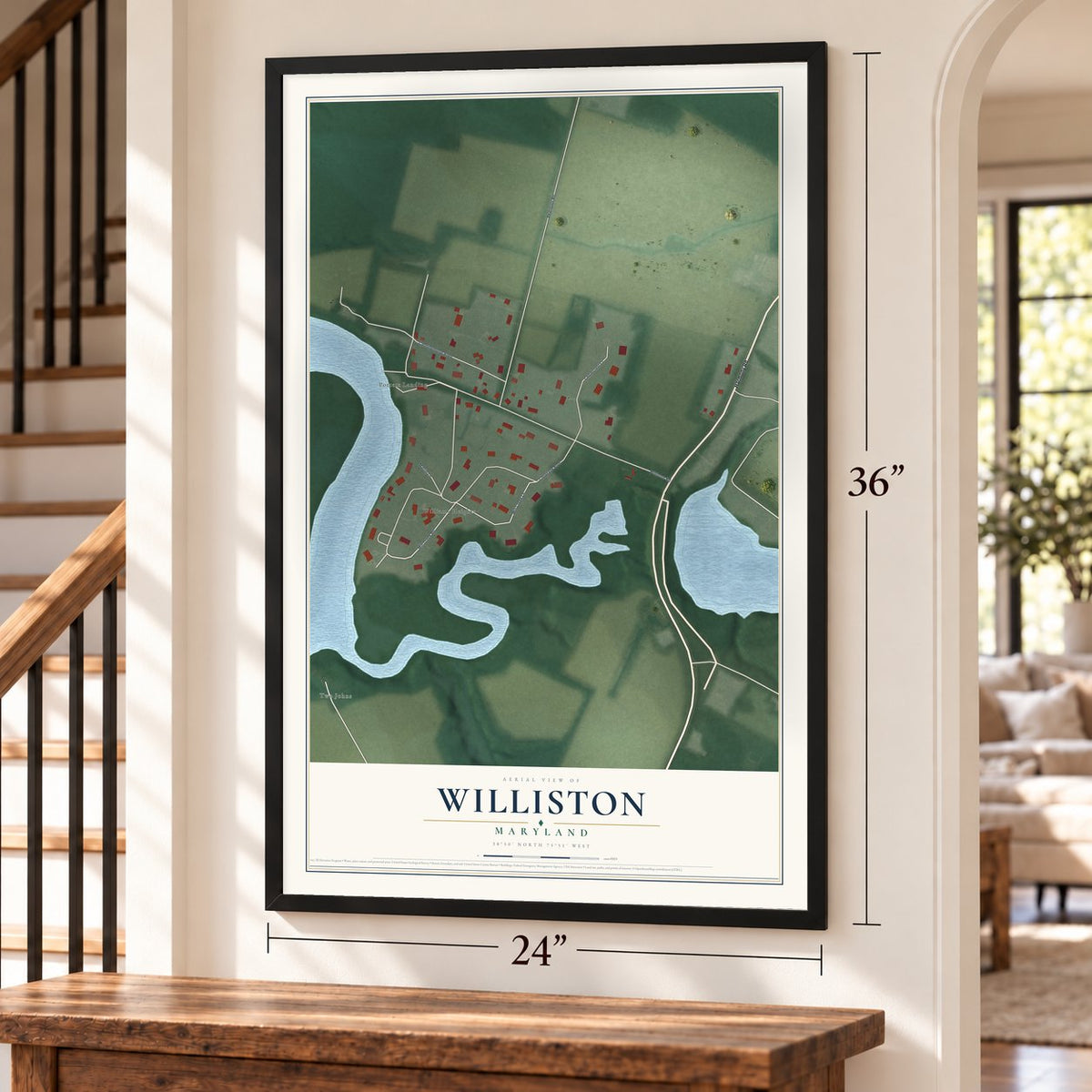 Williston, Maryland map, 24 x 36 inch print in a black frame by a staircase