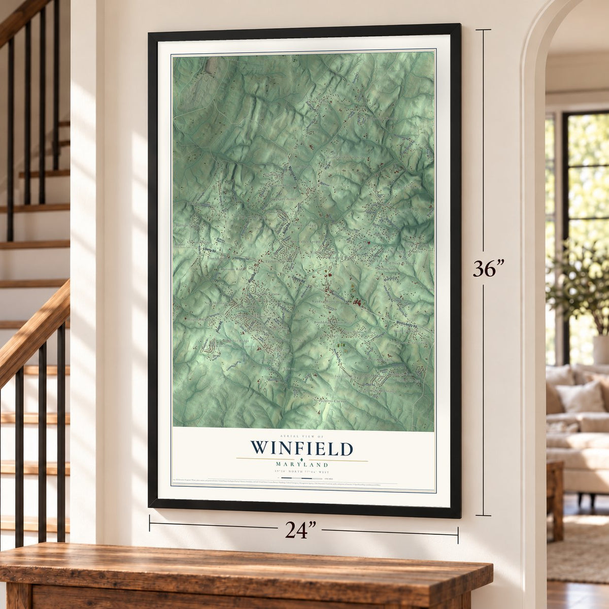 Winfield, Maryland map, 24 x 36 inch print in a black frame by a staircase
