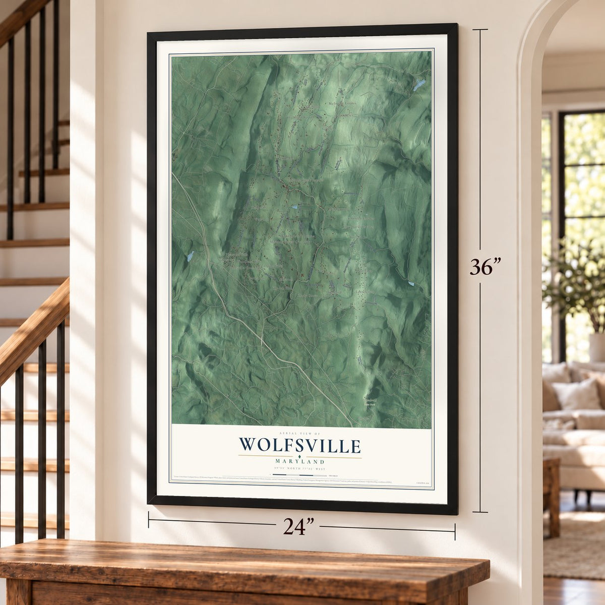 Wolfsville, Maryland map, 24 x 36 inch print in a black frame by a staircase