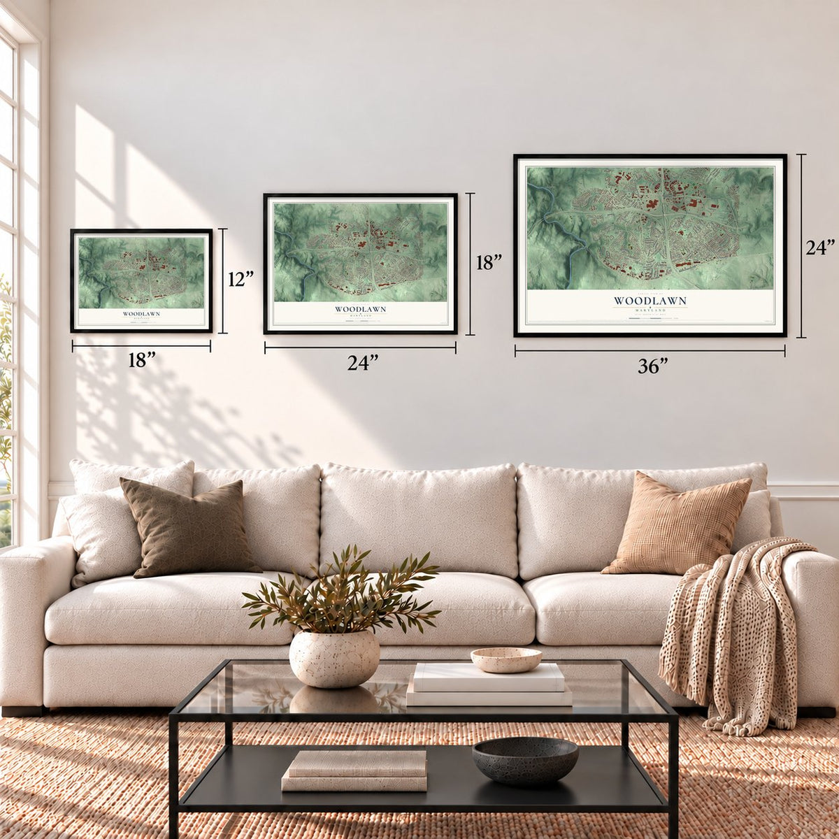 Woodlawn, Maryland map in 12 x 18, 18 x 24 and 24 x 36 inch sizes above a sofa