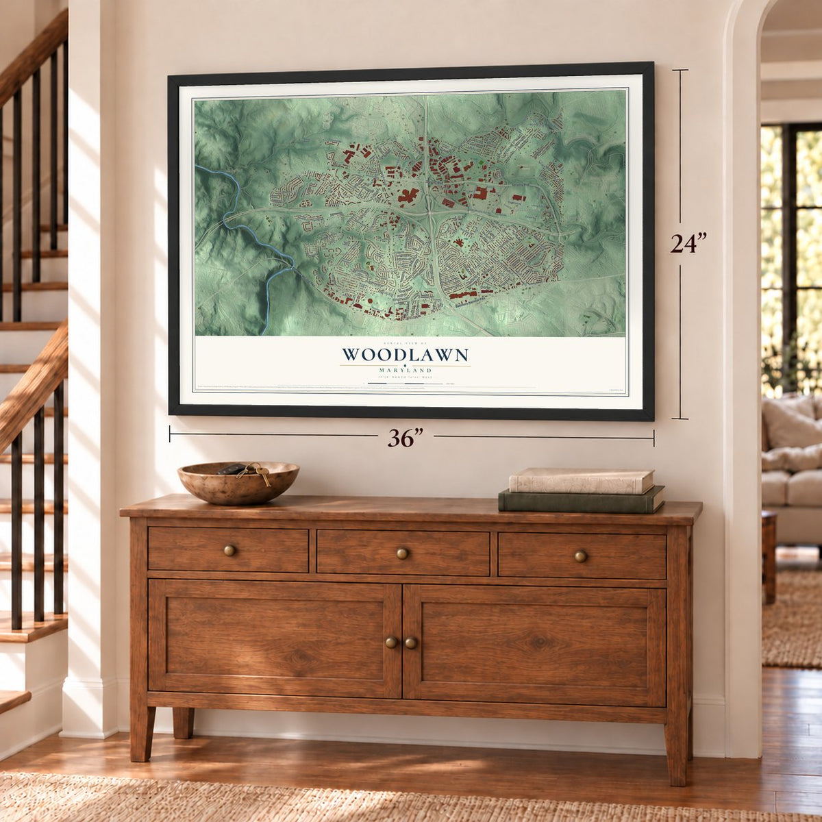 Woodlawn, Maryland map, 24 x 36 inch print in a black frame above a dresser by a staircase