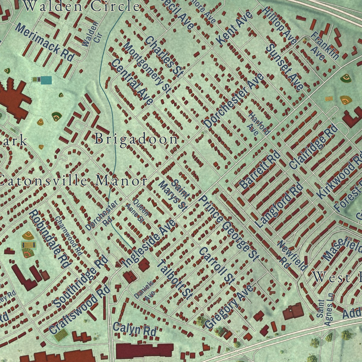 Close-up of the map of Woodlawn, Maryland print showing street and building detail