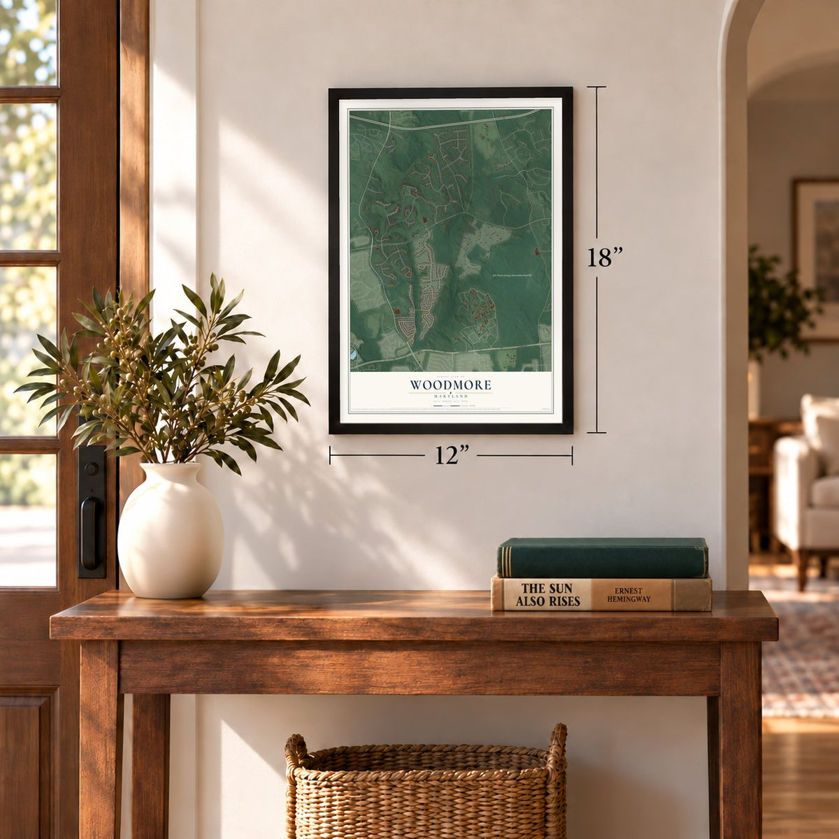 Woodmore, Maryland map, 12 x 18 inch print in a black frame in an entryway