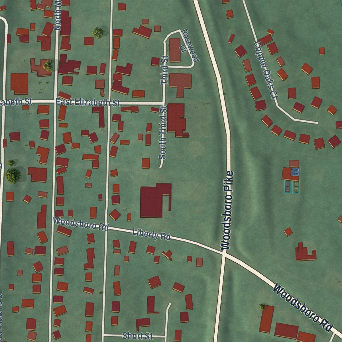 Close-up of the map of Woodsboro, Maryland print showing street and building detail