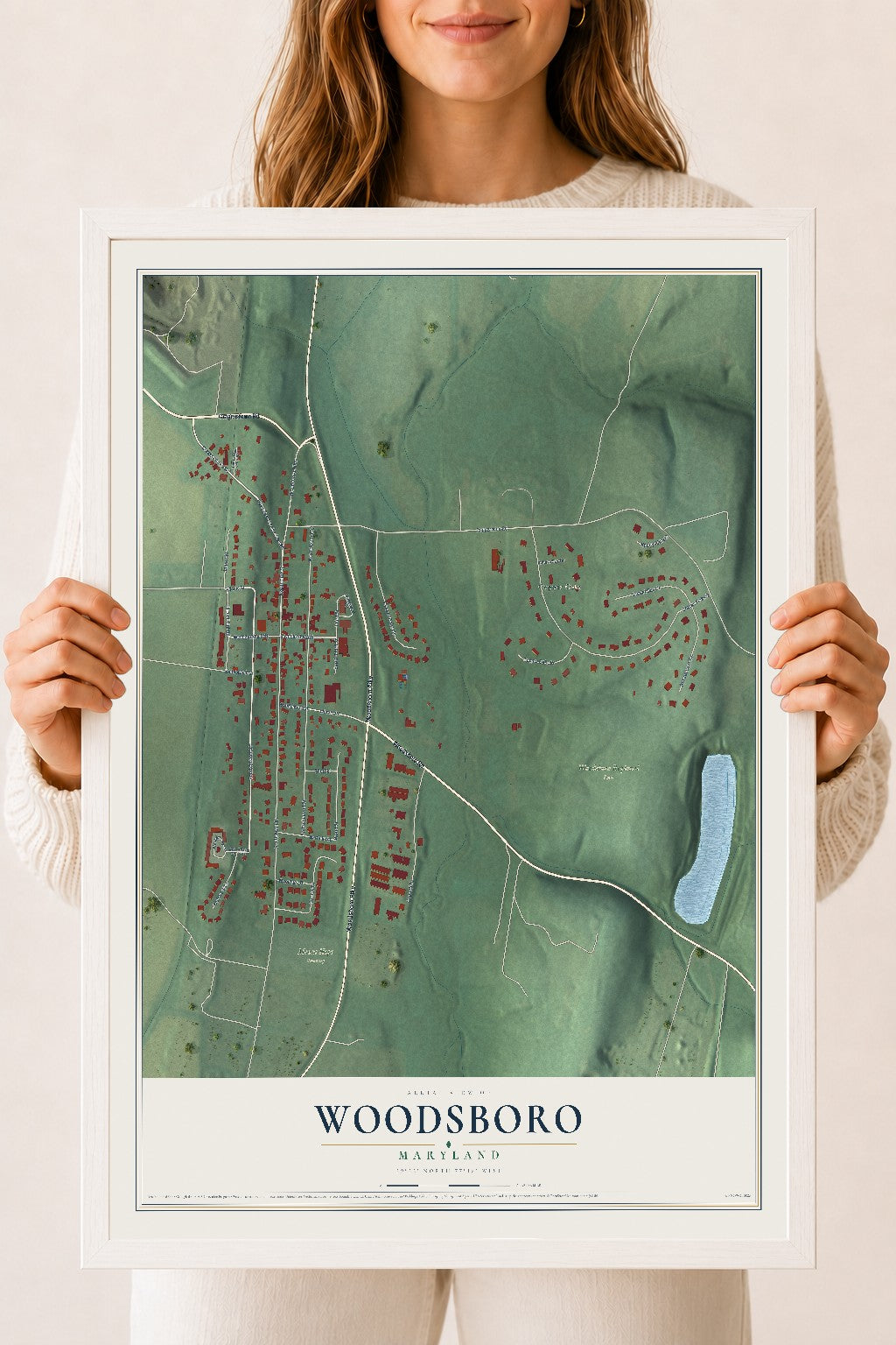 Map of Woodsboro, Maryland, 18 x 24 inch print in a white wood frame