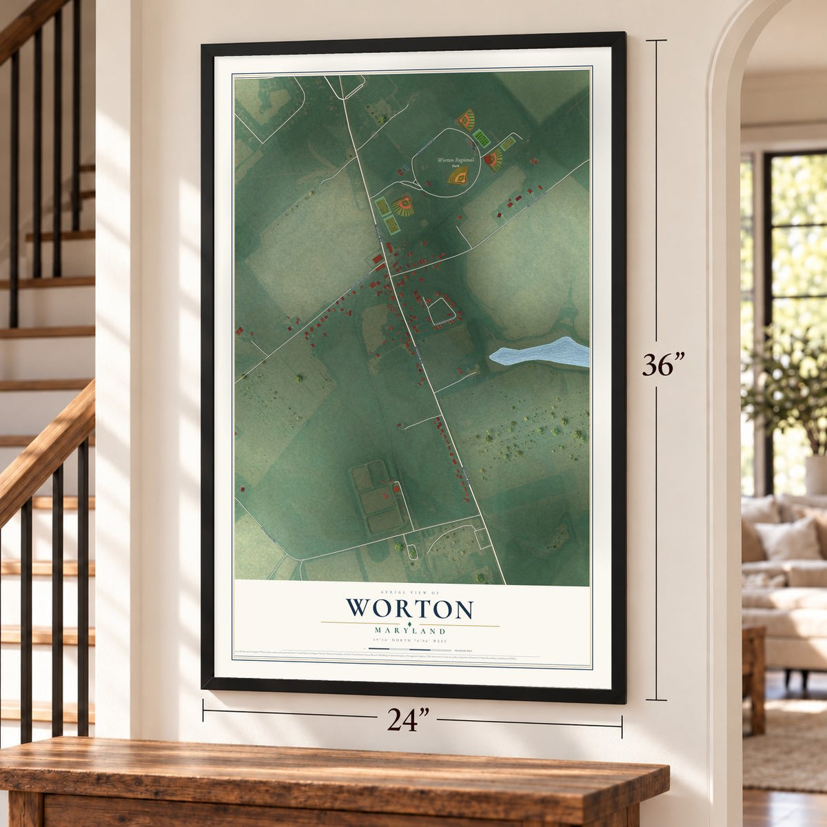 Worton, Maryland map, 24 x 36 inch print in a black frame by a staircase