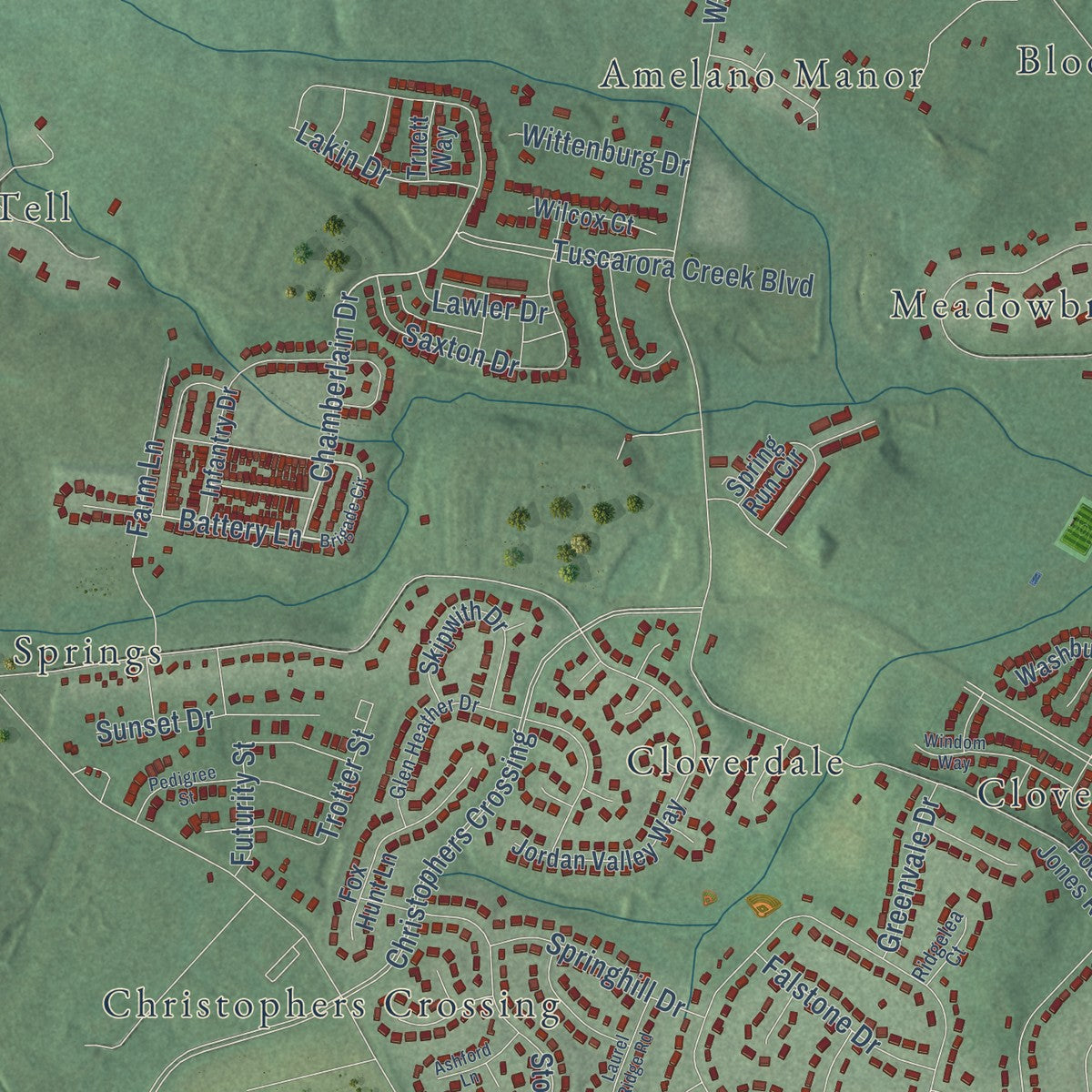 Close-up of the map of Yellow Springs, Maryland print showing street and building detail