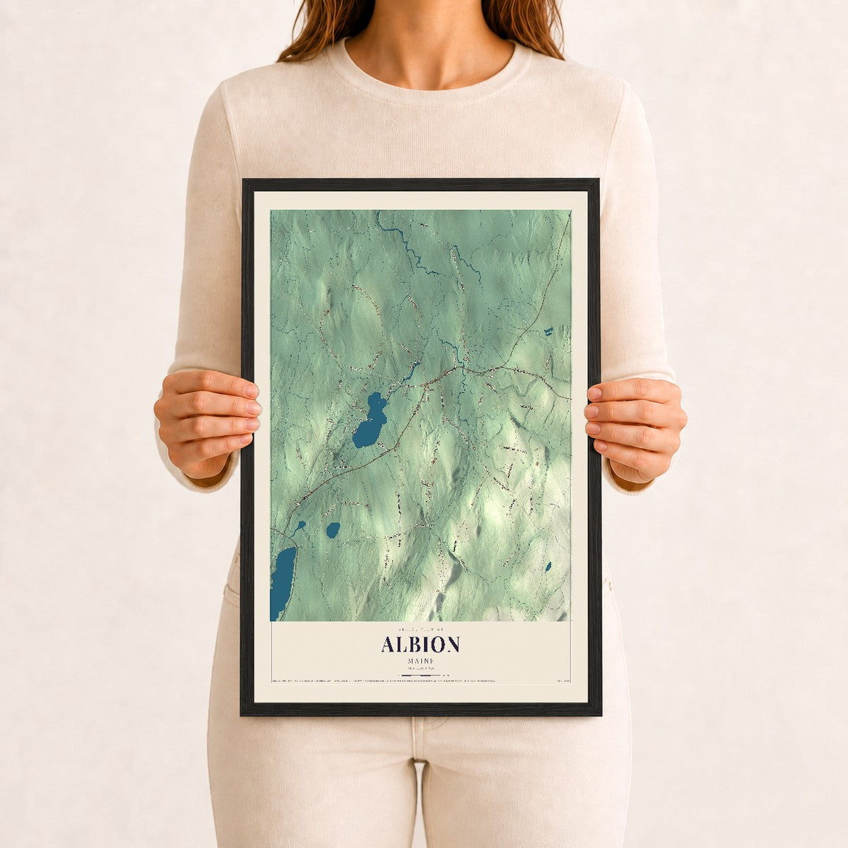 Albion, Maine map print - 12 x 18 black Ayous wood frame