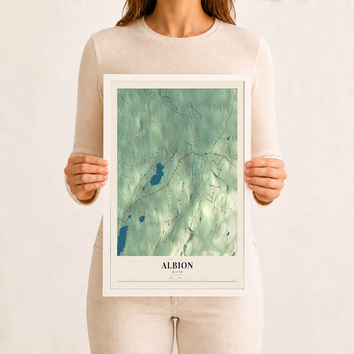 Albion, Maine map print - 12 x 18 white Ayous wood frame