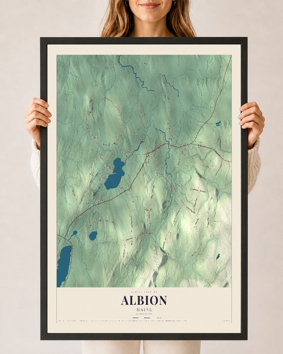 Albion, Maine map print - 24 x 36 black Ayous wood frame