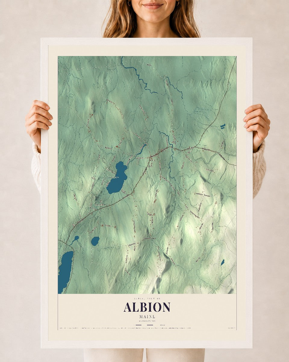 Albion, Maine map print - 24 x 36 white Ayous wood frame