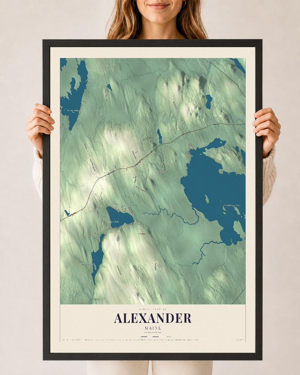 Alexander, Maine map print - 24 x 36 black Ayous wood frame