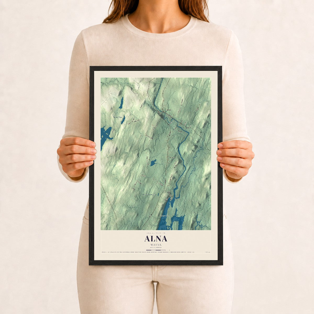 Alna, Maine map print - 12 x 18 black Ayous wood frame