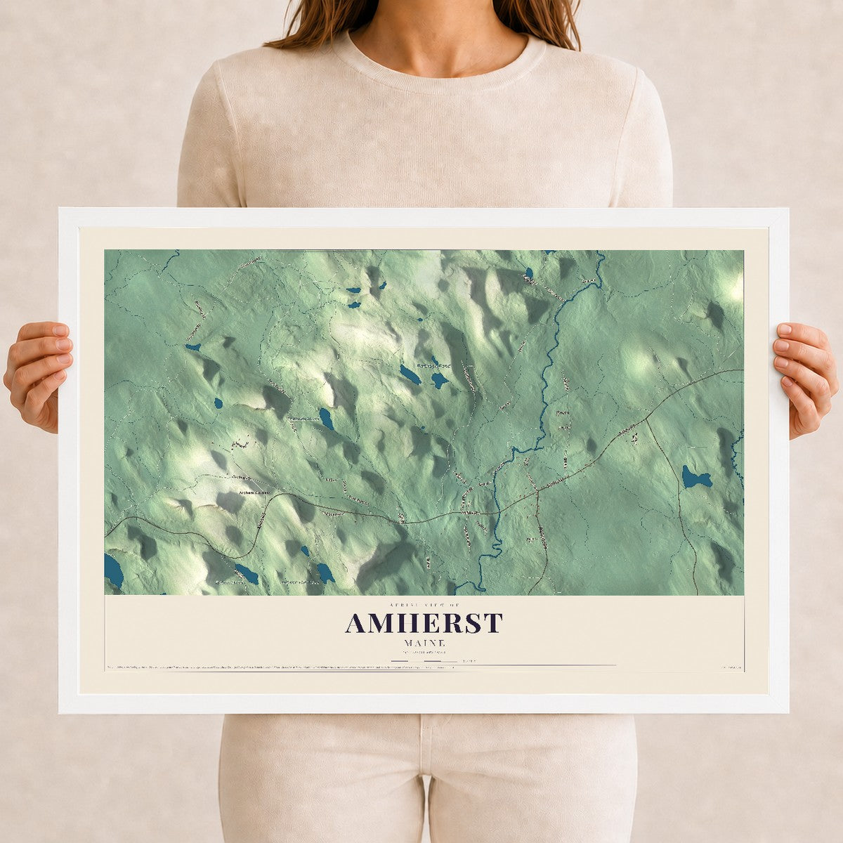 Amherst, Maine map print - 12 x 18 white Ayous wood frame
