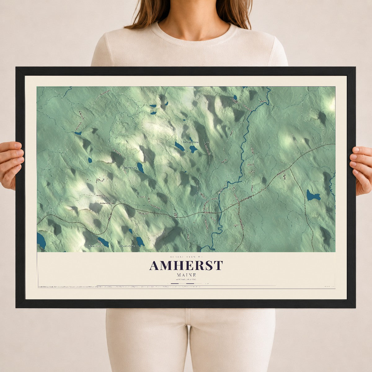 Amherst, Maine map print - 18 x 24 black Ayous wood frame