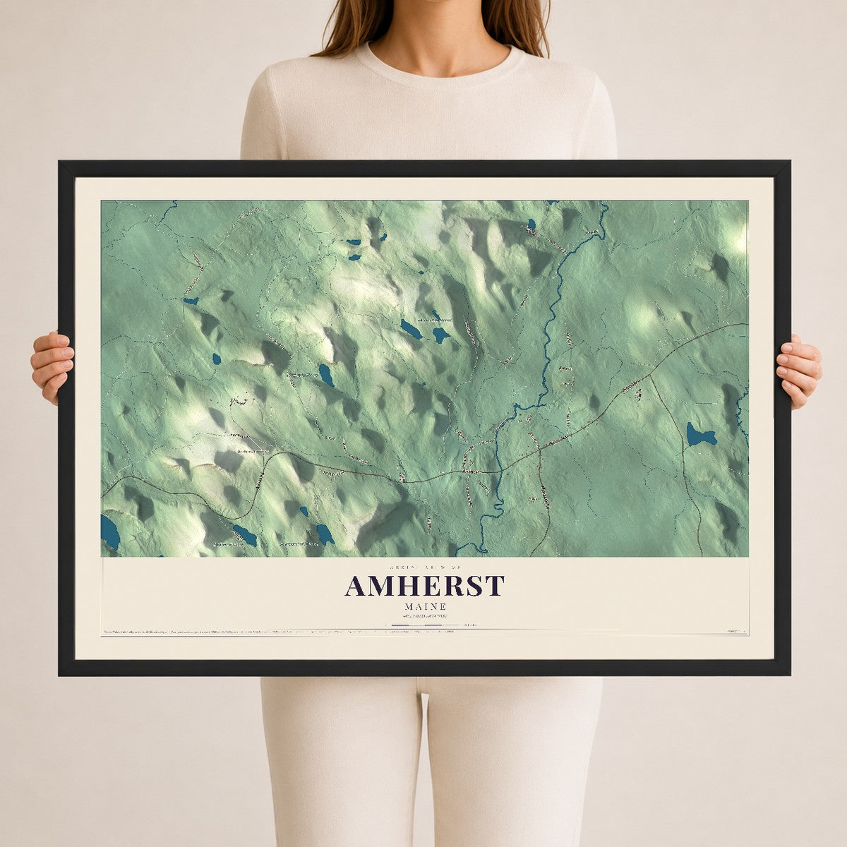 Amherst, Maine map print - 24 x 36 black Ayous wood frame
