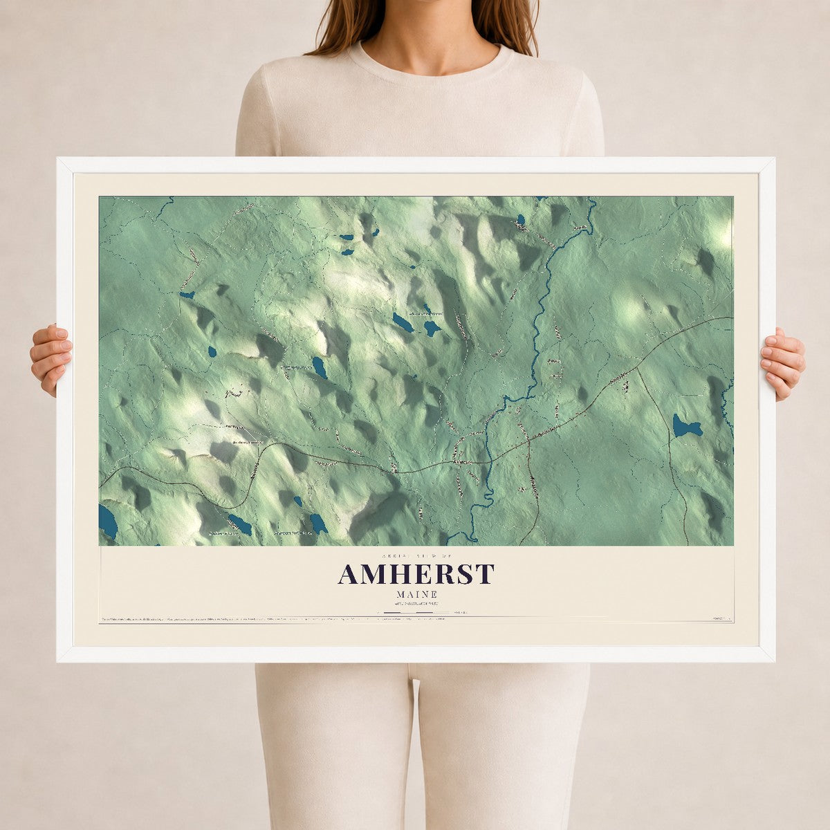 Amherst, Maine map print - 24 x 36 white Ayous wood frame