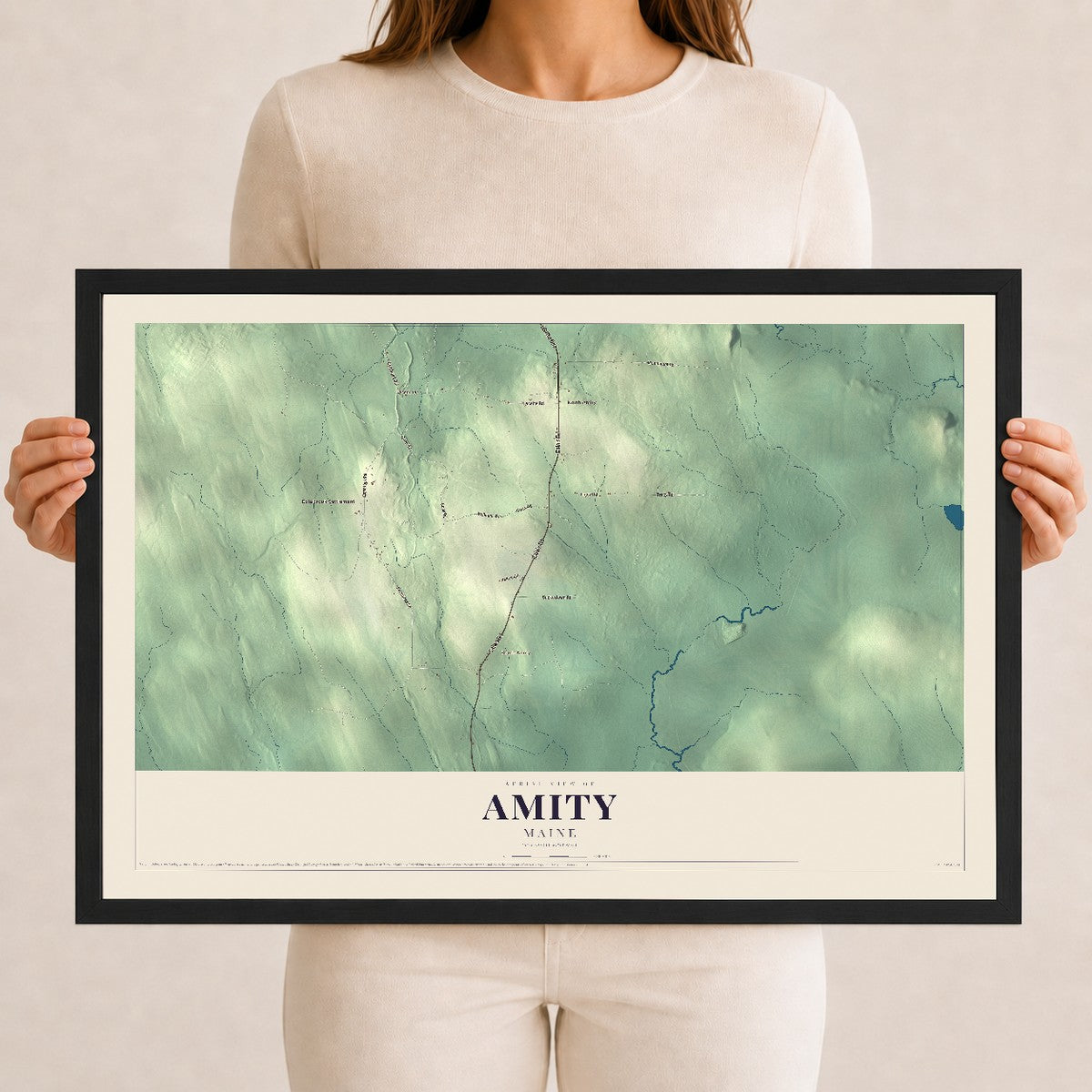 Amity, Maine map print - 12 x 18 black Ayous wood frame