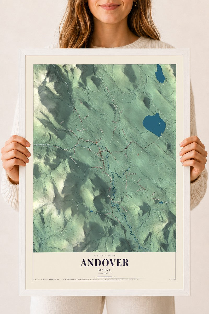 Andover, Maine map print - 18 x 24 white Ayous wood frame
