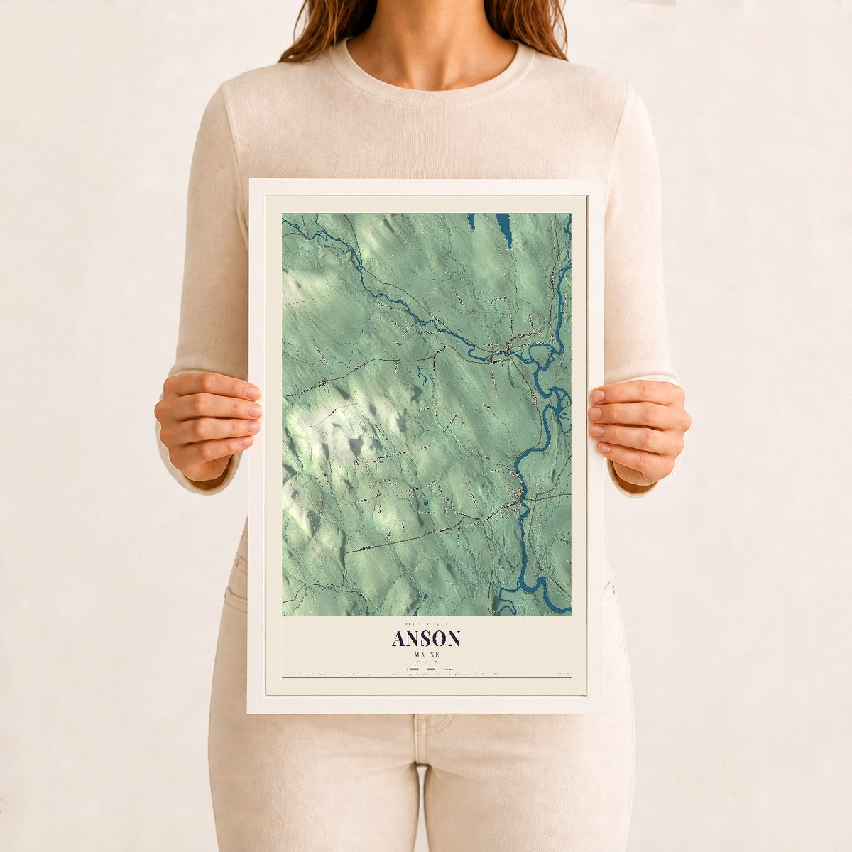 Anson, Maine map print - 12 x 18 white Ayous wood frame