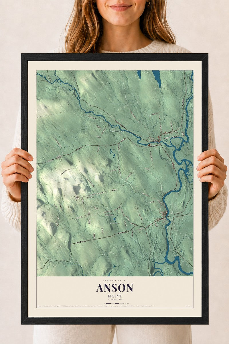 Anson, Maine map print - 18 x 24 black Ayous wood frame