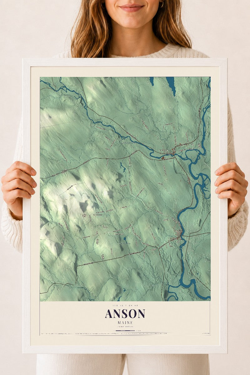 Anson, Maine map print - 18 x 24 white Ayous wood frame