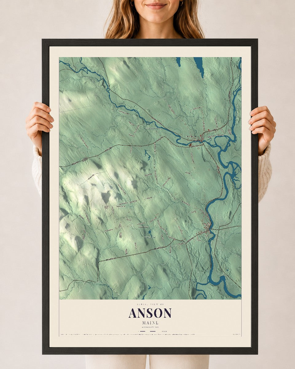 Anson, Maine map print - 24 x 36 black Ayous wood frame