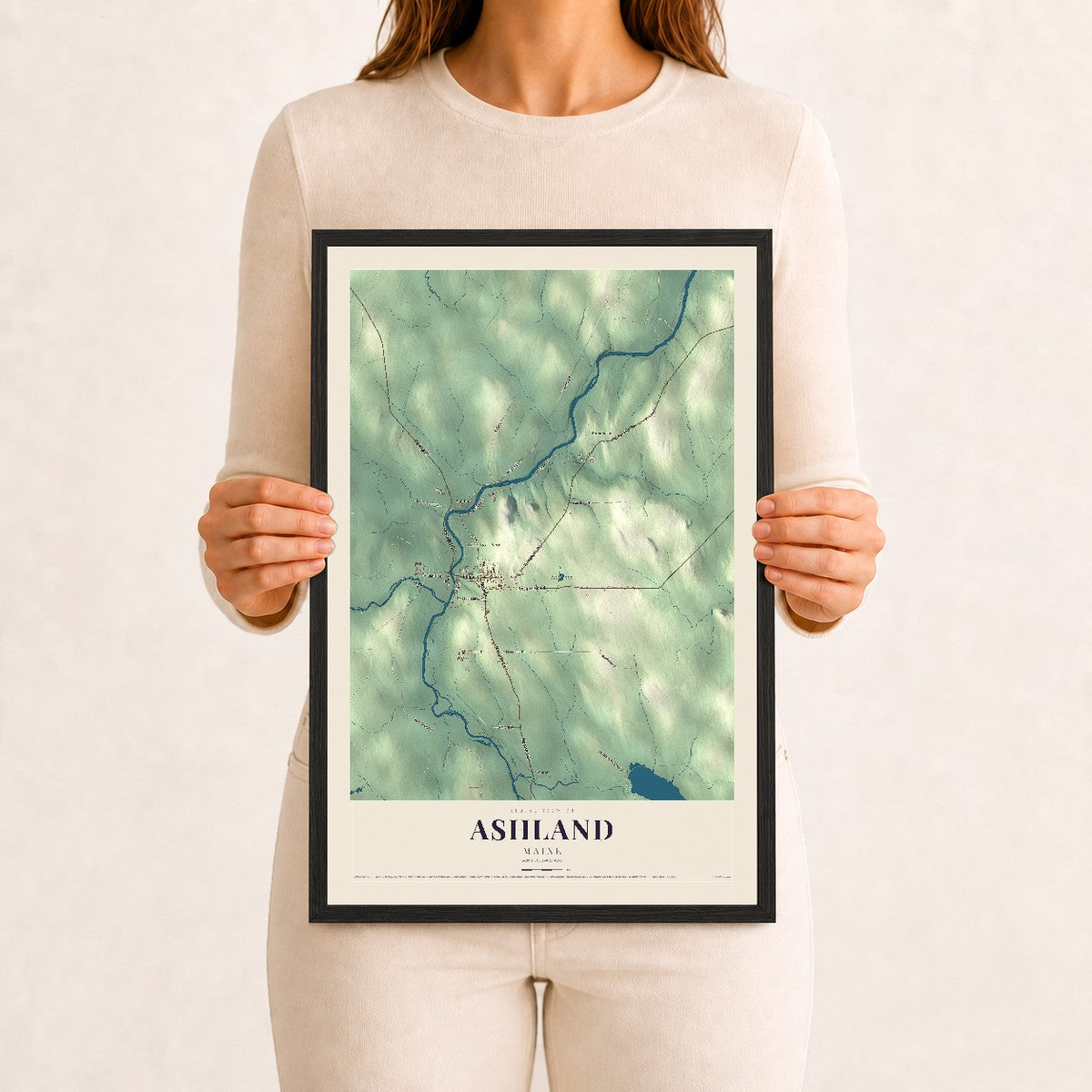 Ashland, Maine map print - 12 x 18 black Ayous wood frame