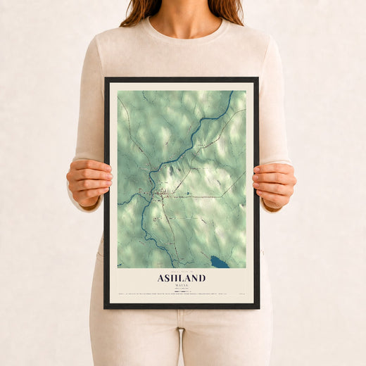 Map of Ashland, Maine, 12 x 18 inch print in a black wood frame