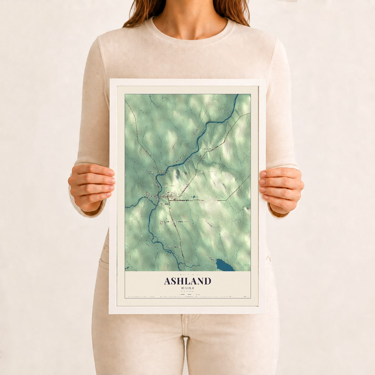 Ashland, Maine map print - 12 x 18 white Ayous wood frame