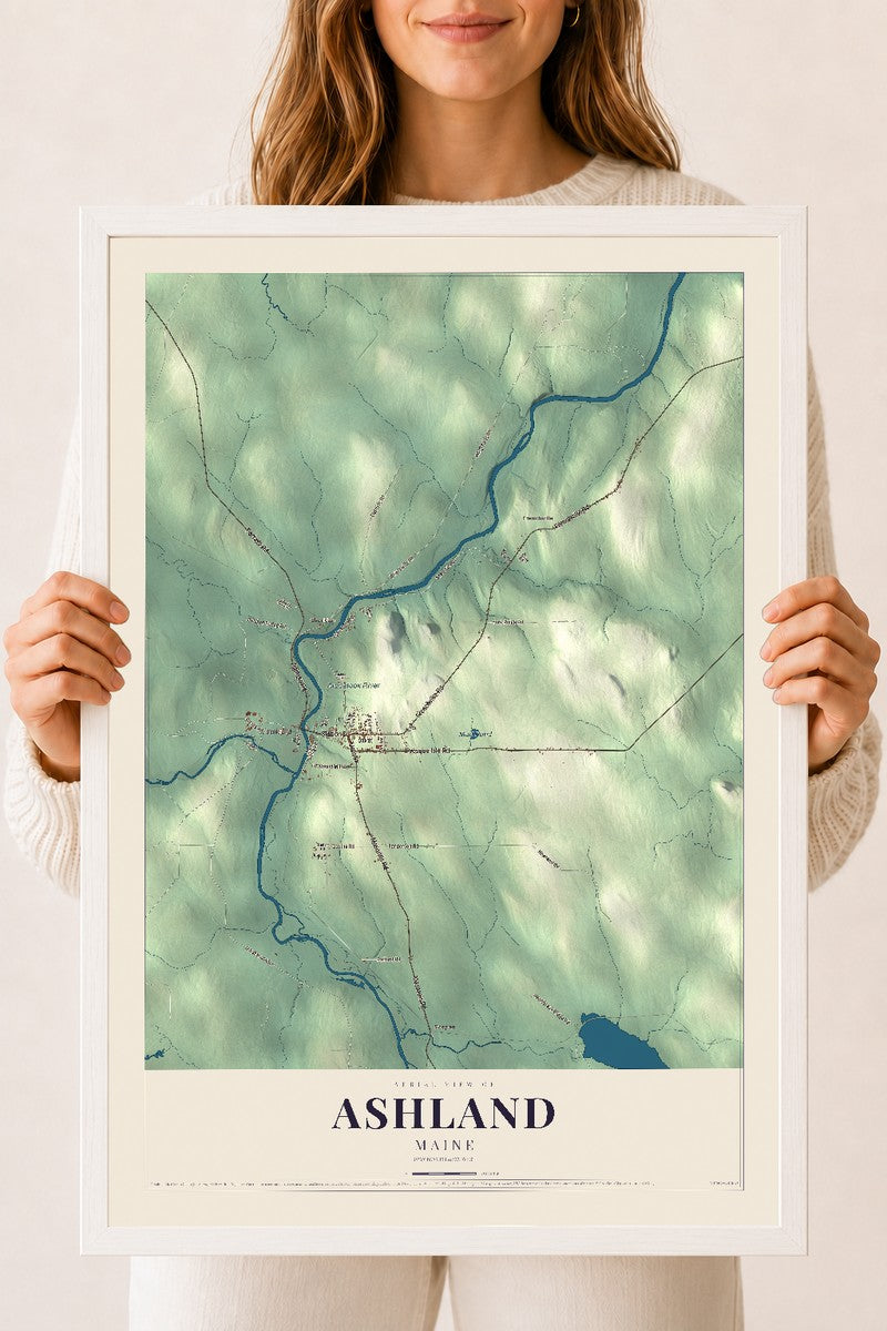 Ashland, Maine map print - 18 x 24 white Ayous wood frame