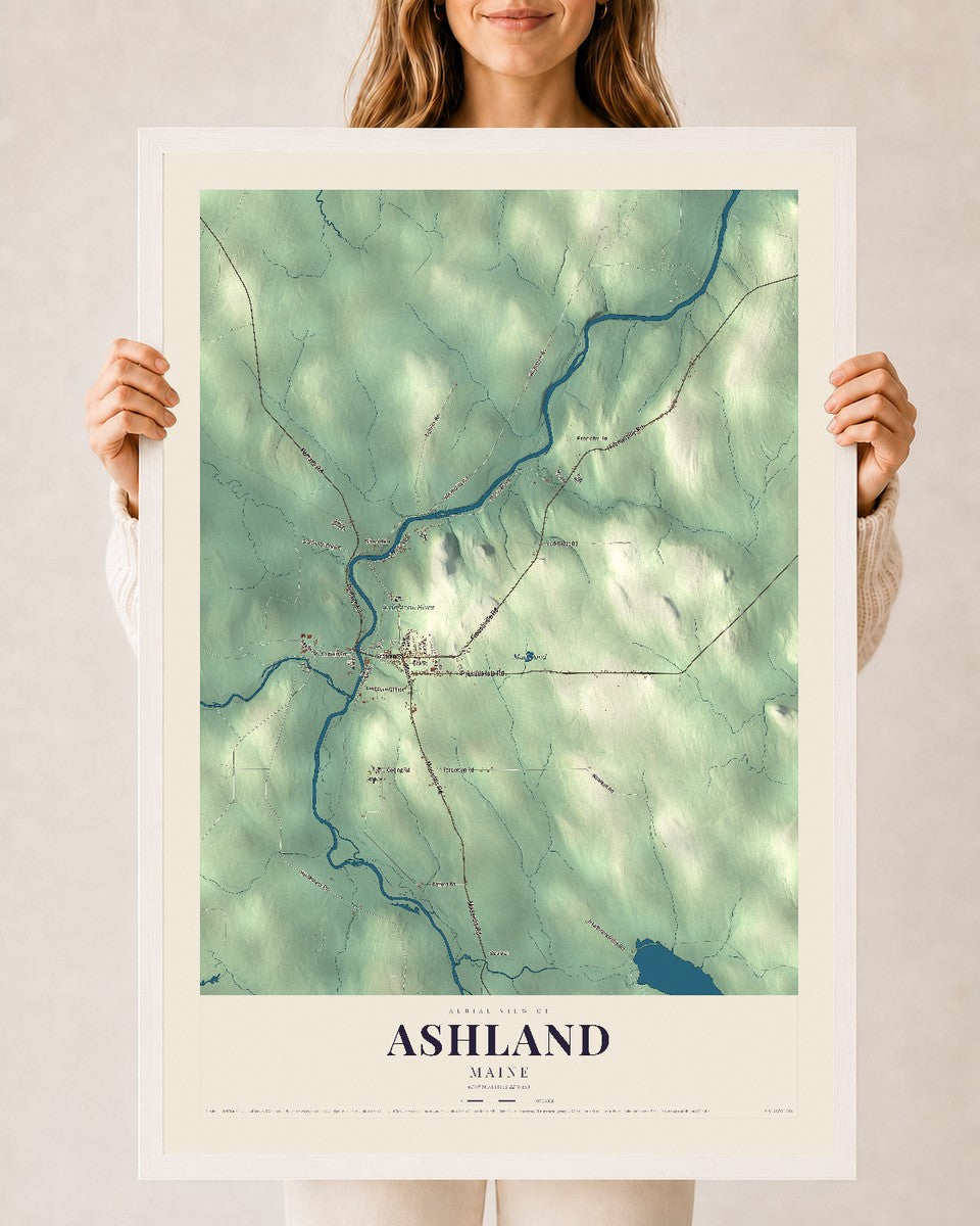 Ashland, Maine map print - 24 x 36 white Ayous wood frame