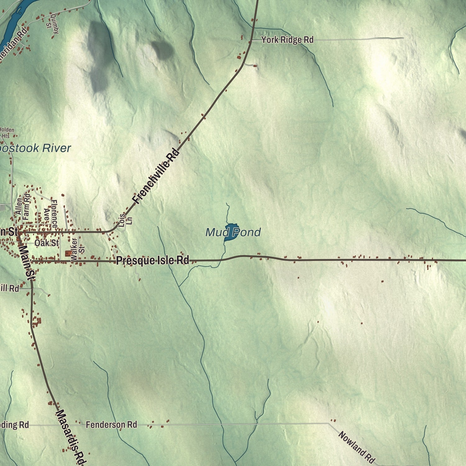 Terrain and local geography detail from the Ashland, Maine map