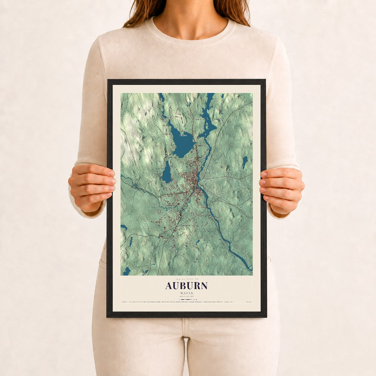Auburn, Maine map print - 12 x 18 black Ayous wood frame