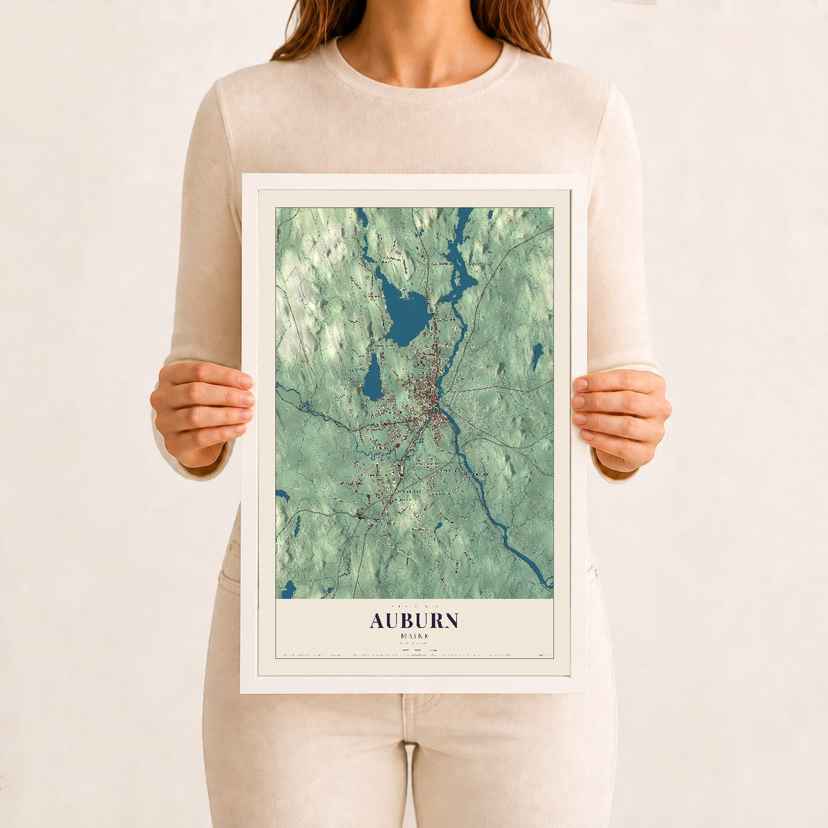 Auburn, Maine map print - 12 x 18 white Ayous wood frame